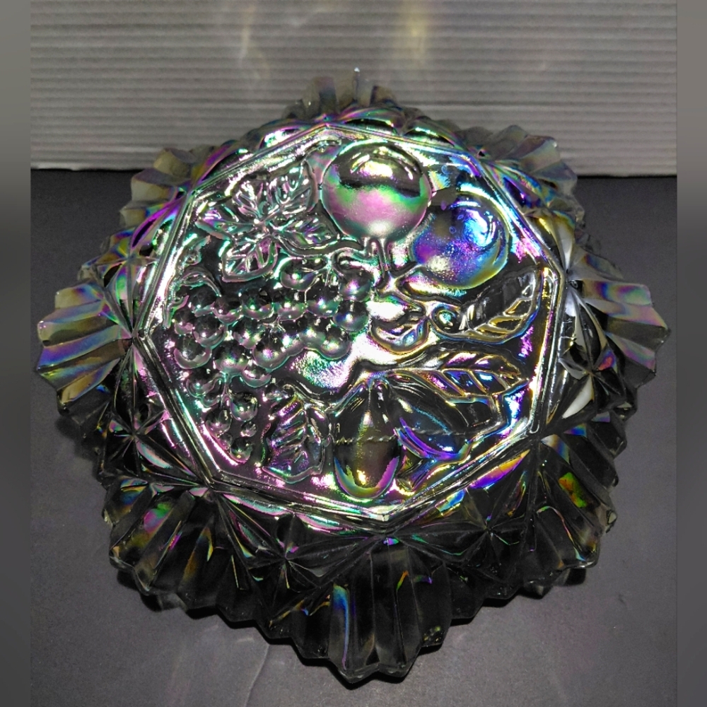Vintage Smokey Grey Iridescent Carnival Glass Fruit Design Decorative Plate